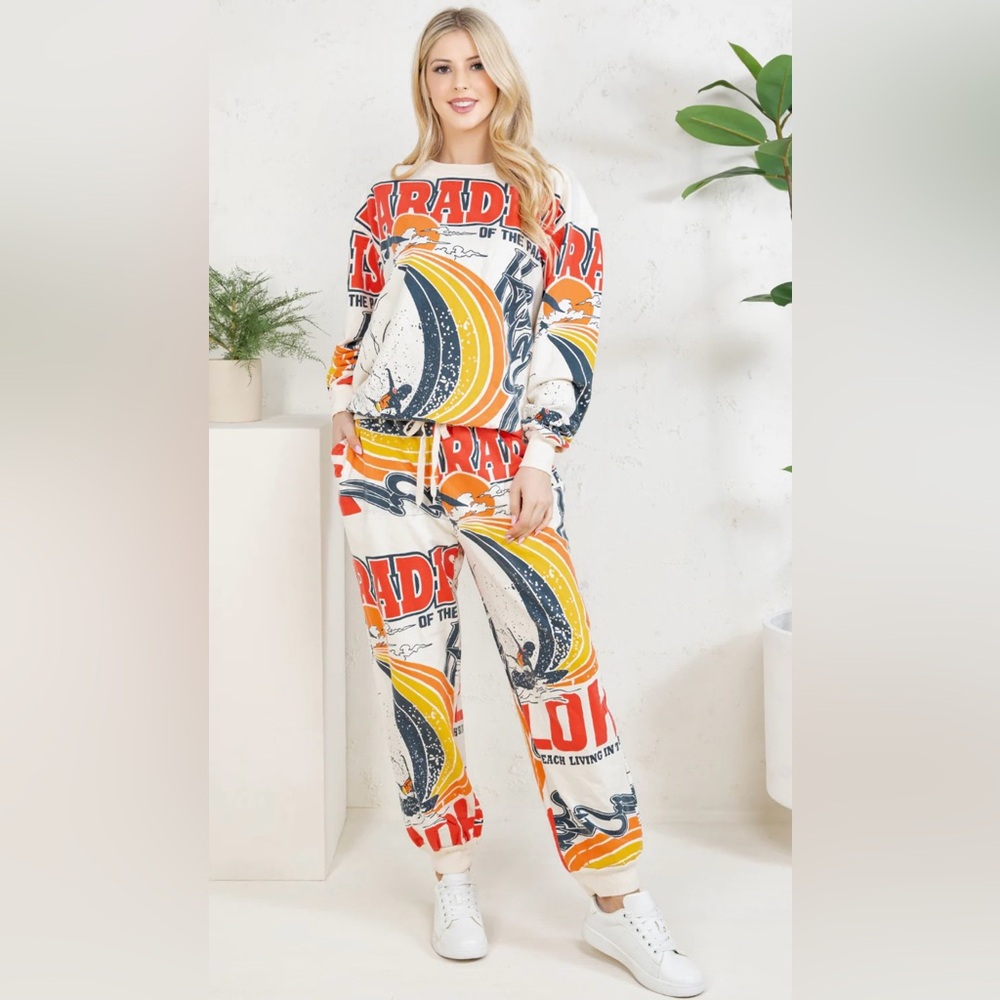 V4. NEW Retro Vintage Aloha Print Sweatshirt Jogger Set 100% Cotton Flour Sack